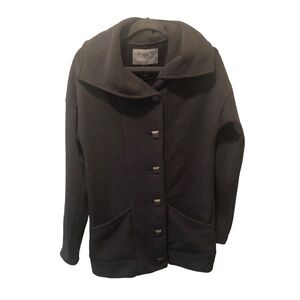 Gretchen Bleiler Oakley Fleece Shawl Knit Jacket M Square Buttons Pockets Gray